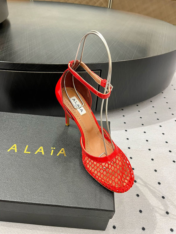 Alaila High Fishnet Pumps 90mm In Red Mesh Fabric 954854