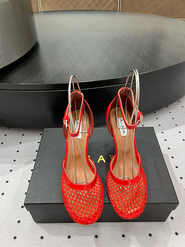 Alaila High Fishnet Pumps 90mm In Red Mesh Fabric 954854