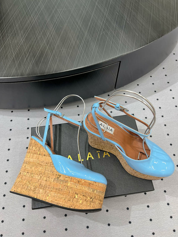 Alaila Wedge Sandals 115mm In Light Blue Glossy Lambskin 954883