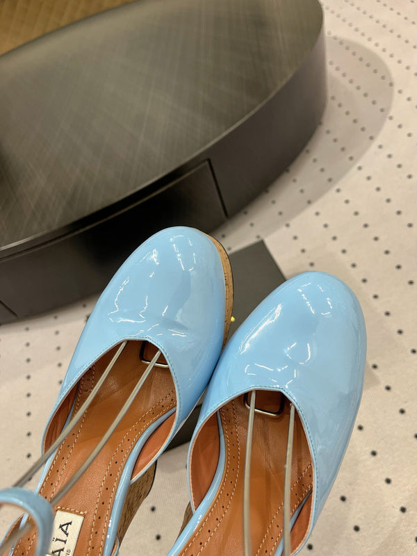 Alaila Wedge Sandals 115mm In Light Blue Glossy Lambskin 954883