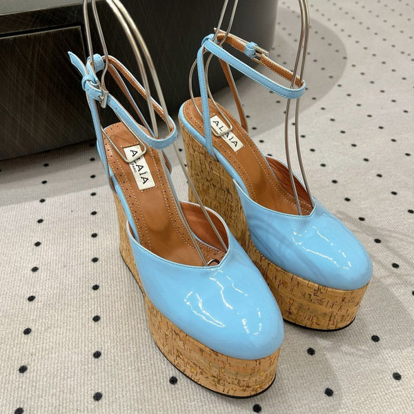 Alaila Wedge Sandals 115mm In Light Blue Glossy Lambskin 954883