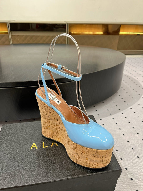 Alaila Wedge Sandals 115mm In Light Blue Glossy Lambskin 954883