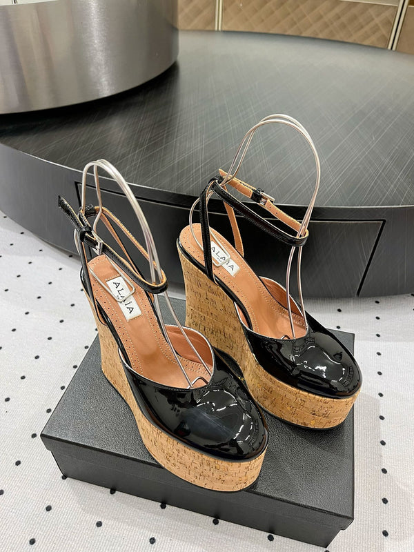 Alaila Wedge Sandals 115mm In Black Glossy Lambskin 954887