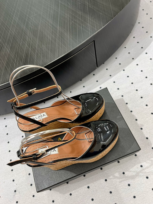 Alaila Wedge Sandals 115mm In Black Glossy Lambskin 954887
