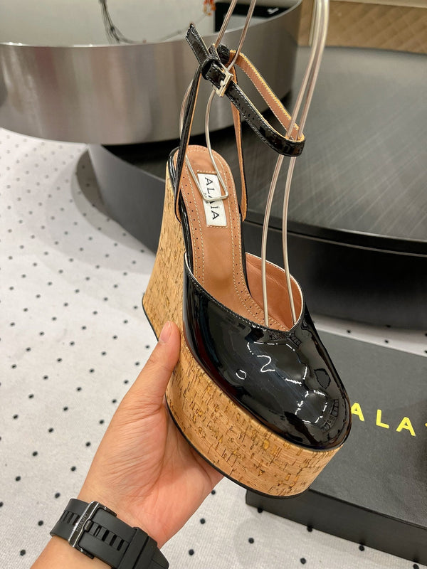 Alaila Wedge Sandals 115mm In Black Glossy Lambskin 954887