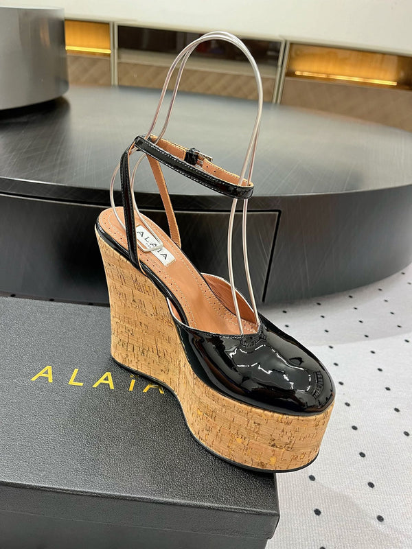 Alaila Wedge Sandals 115mm In Black Glossy Lambskin 954887