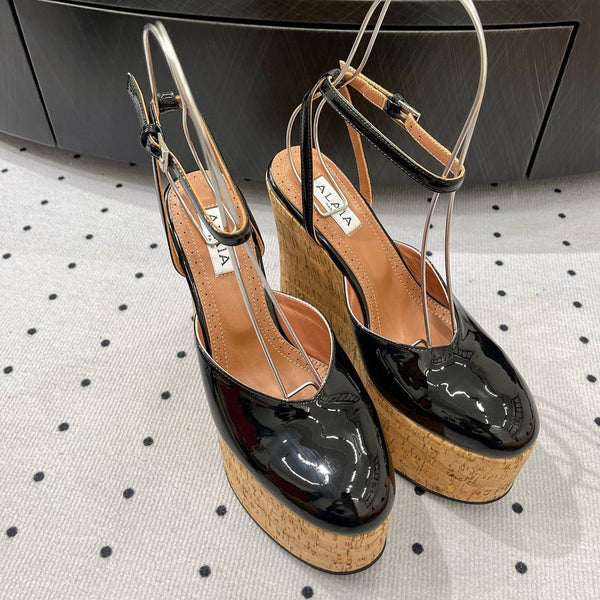 Alaila Wedge Sandals 115mm In Black Glossy Lambskin 954887