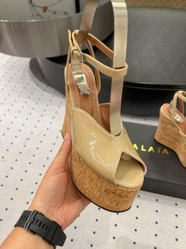 Alaila Wedge Sandals 135mm In Beige Glossy Lambskin 954895