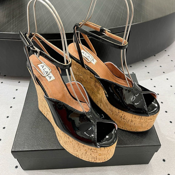 Alaila Wedge Sandals 135mm In Black Glossy Lambskin 954897