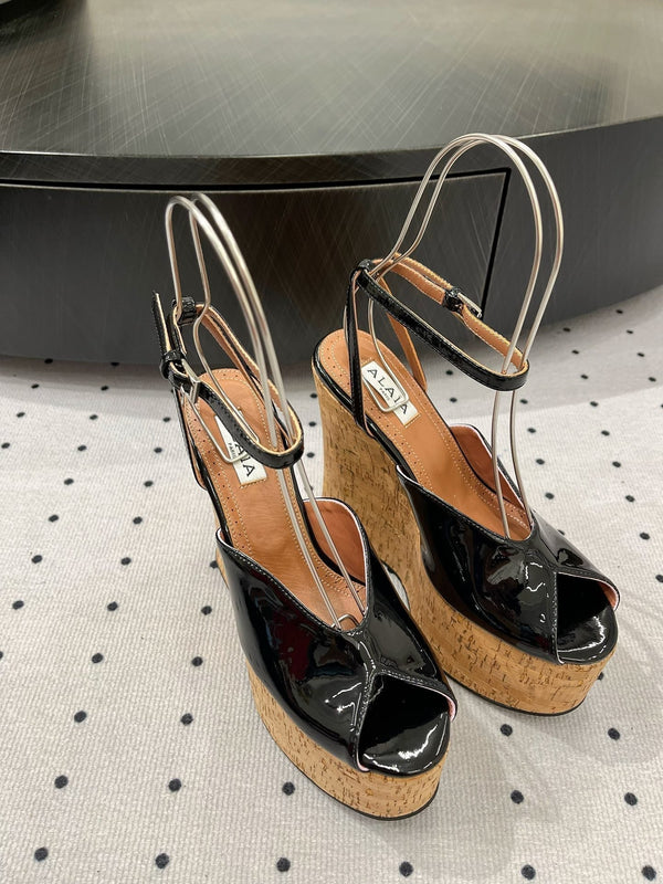 Alaila Wedge Sandals 135mm In Black Glossy Lambskin 954897