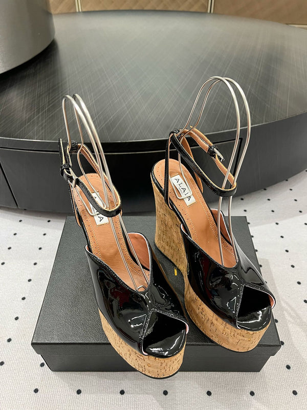 Alaila Wedge Sandals 135mm In Black Glossy Lambskin 954897