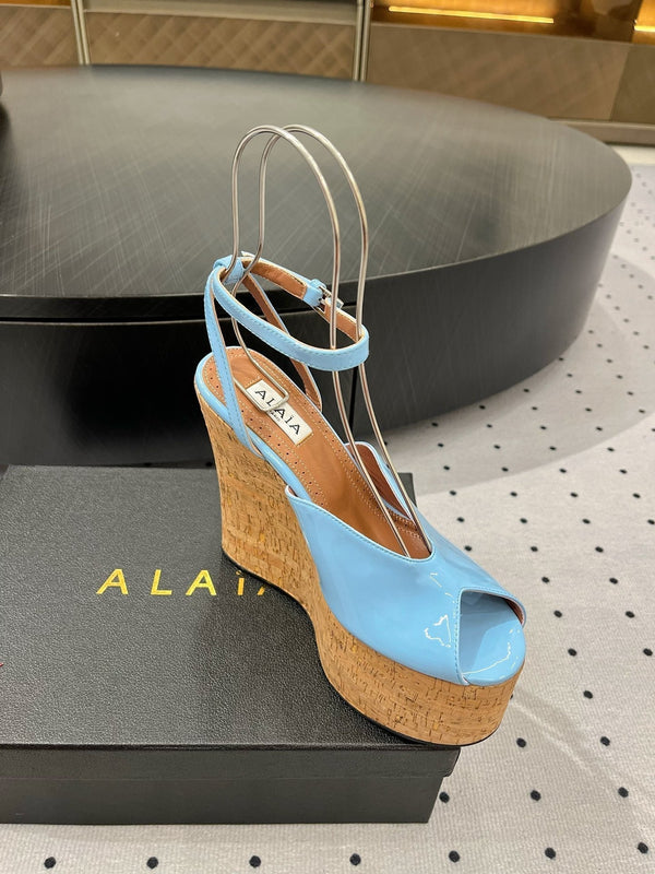 Alaila Wedge Sandals 135mm In Light Blue Glossy Lambskin 954899