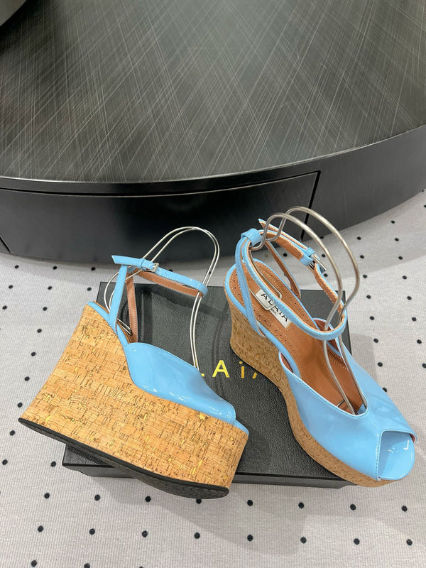 Alaila Wedge Sandals 135mm In Light Blue Glossy Lambskin 954899