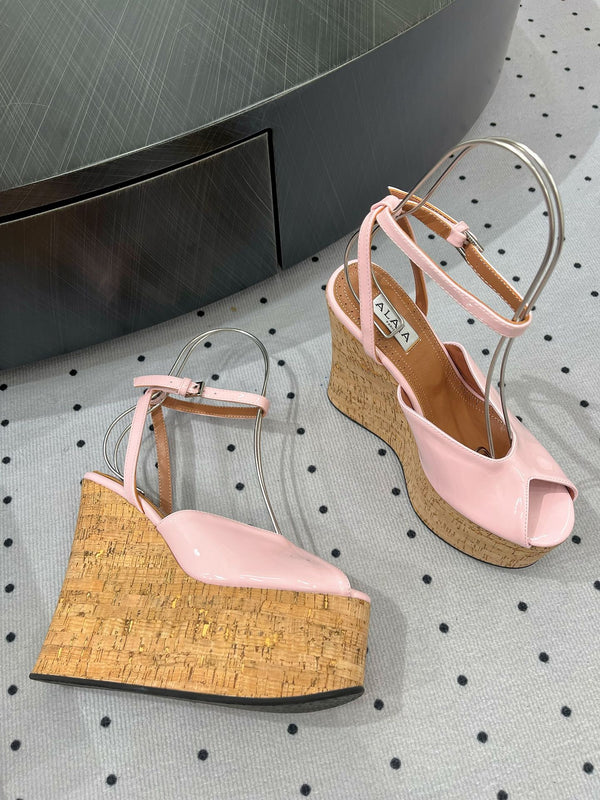 Alaila Wedge Sandals 135mm In Pink Glossy Lambskin 954905