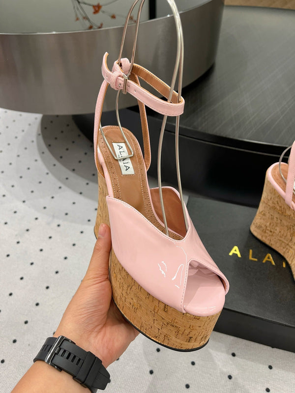 Alaila Wedge Sandals 135mm In Pink Glossy Lambskin 954905