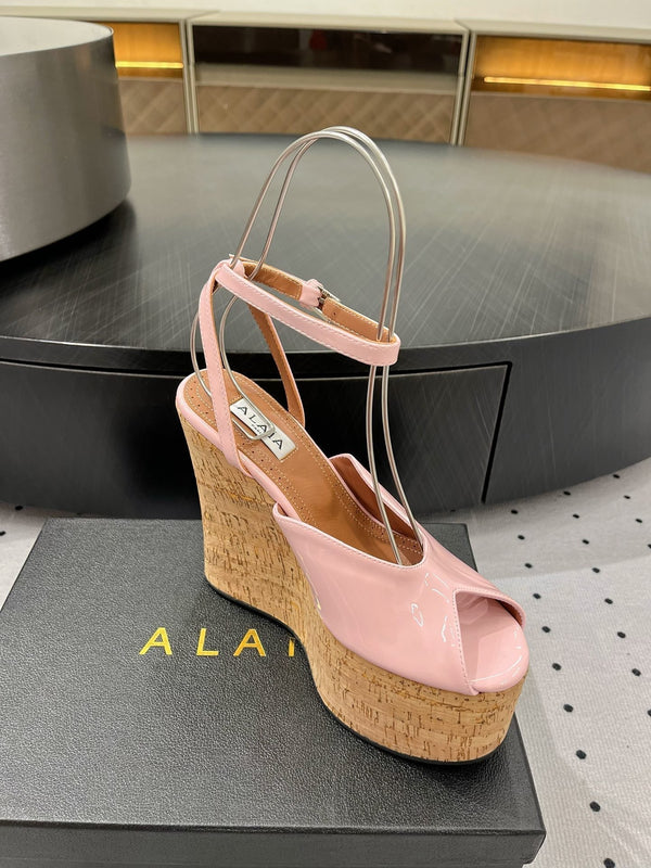 Alaila Wedge Sandals 135mm In Pink Glossy Lambskin 954905