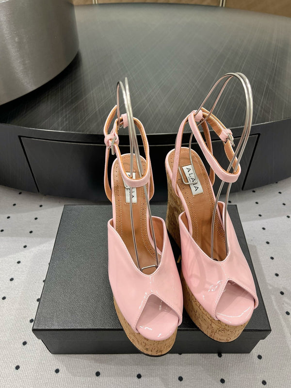 Alaila Wedge Sandals 135mm In Pink Glossy Lambskin 954905