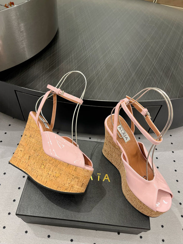 Alaila Wedge Sandals 135mm In Pink Glossy Lambskin 954905