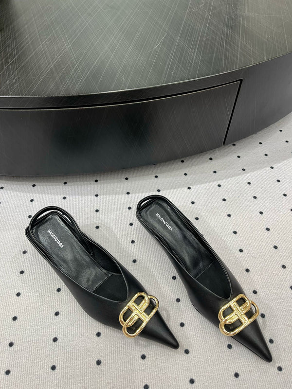 HEELED SLINGBACK 45 MM IN BLACK SMOOTH LAMBSKIN GOLD HARDWARE