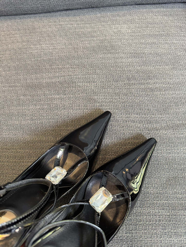 HIGH SANDAL ATTACHED GEM IN BLACK GLOSSY CALFSKIN