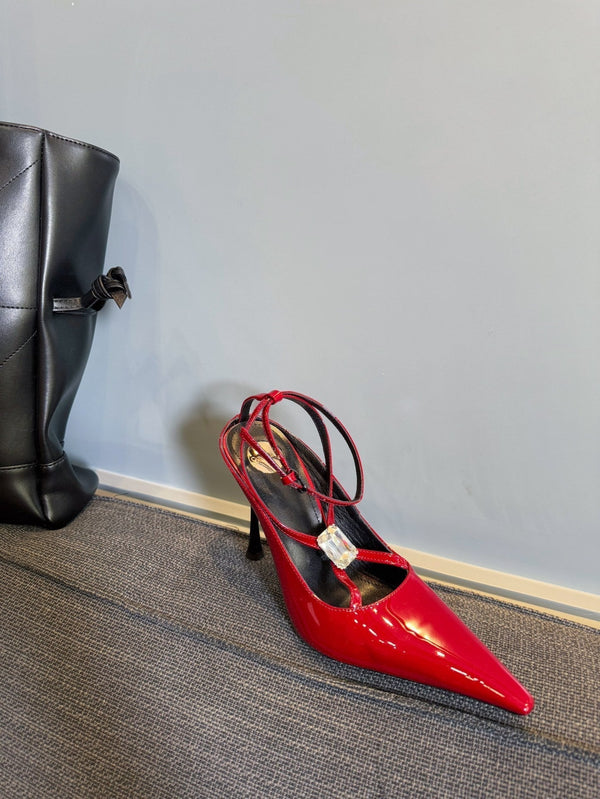 HIGH SANDAL ATTACHED GEM IN RED GLOSSY CALFSKIN