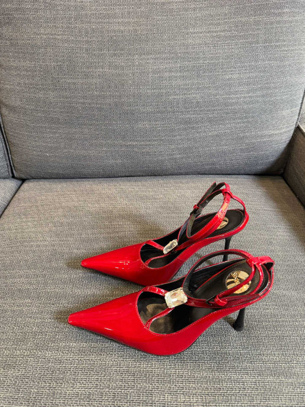 HIGH SANDAL ATTACHED GEM IN RED GLOSSY CALFSKIN