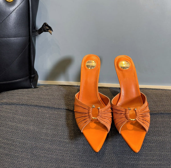 LOLA HIGH MULES IN TANGELO ORANGE SMOOTH LAMBSKIN AND DRAPED JERSEY