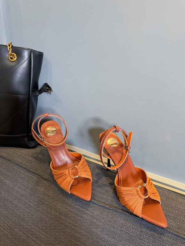 LOLA HIGH SANDALS IN TANGELO ORANGE SMOOTH LAMBSKIN AND DRAPED JERSEY