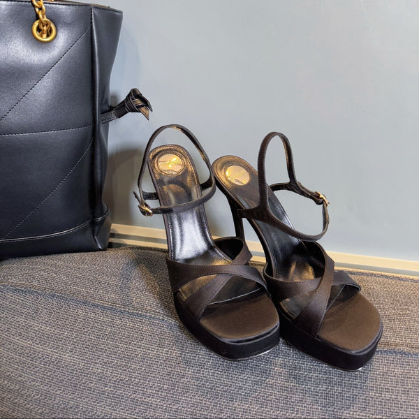 DEBBIE PLATFORM SANDALS IN BLACK SATIN