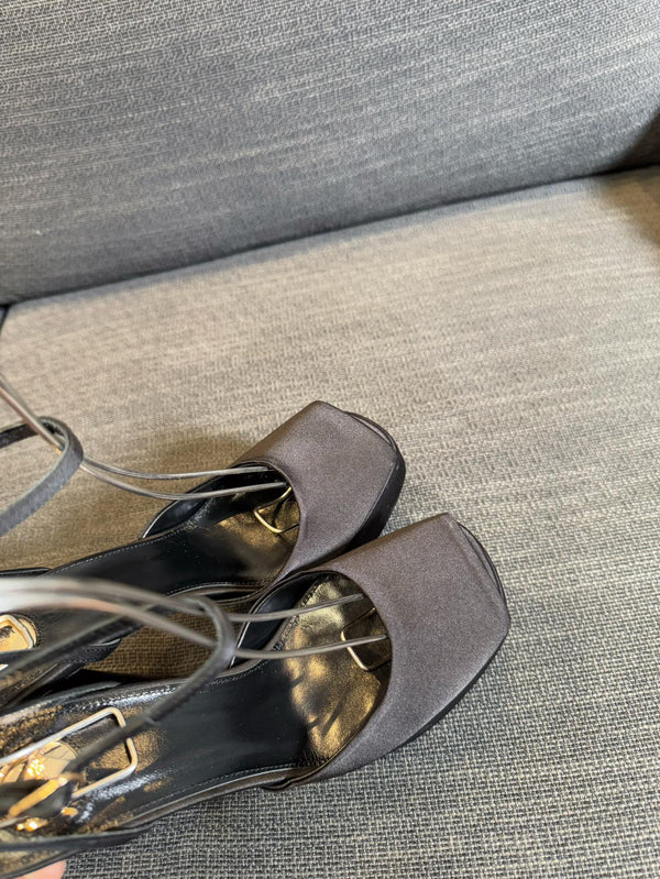 LA SCANDALE PLATFORM SANDALS IN TAUPE BROWN SATIN