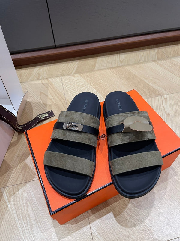 Sandalo HM 25 Jackson in pelle scamosciata color cachi e vitello nero