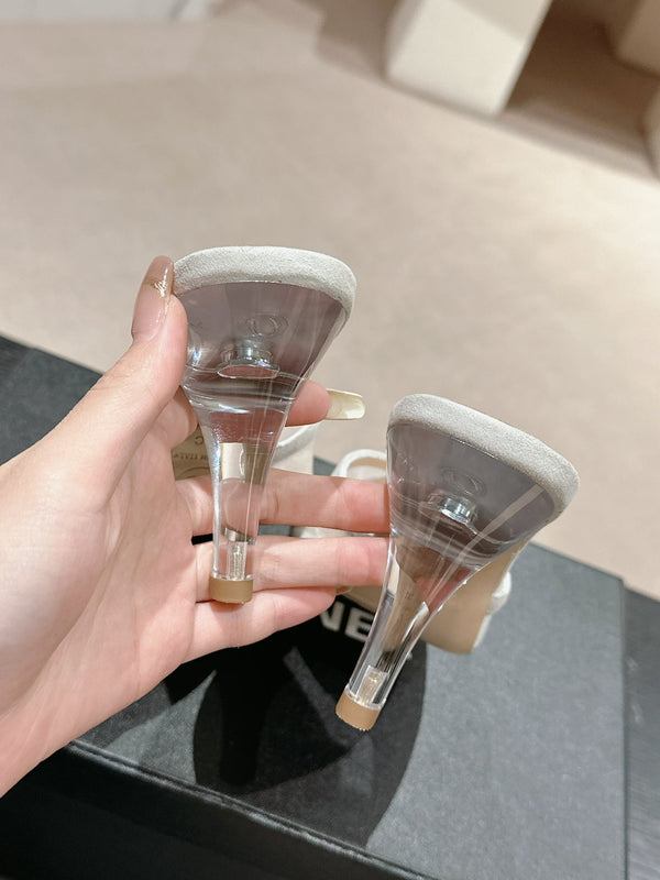 mule sandal 75 white fabric dark beige calfskin