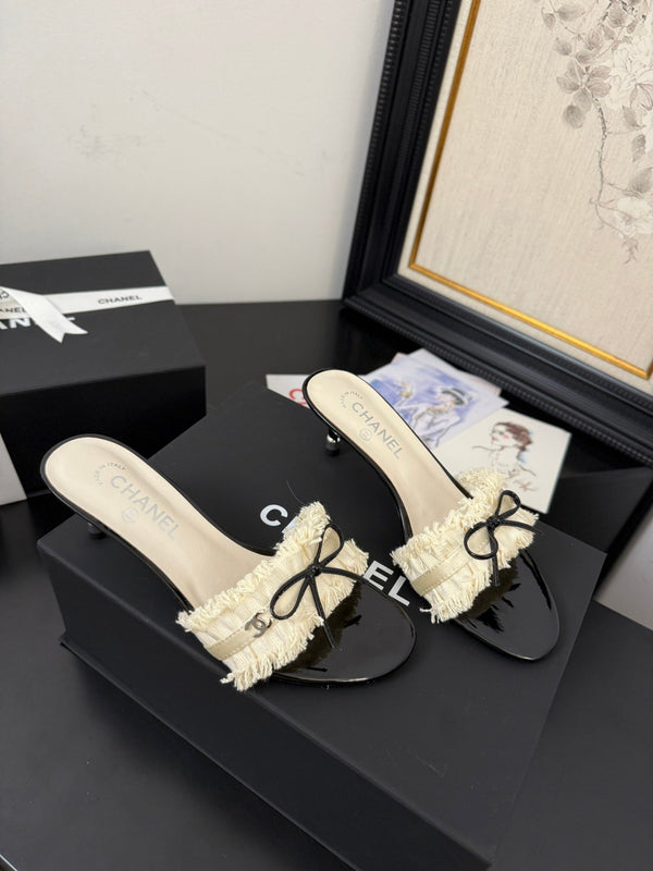 cc25 slide sandal 65mm ruffle bow heels black grosgrain white canvas 233582