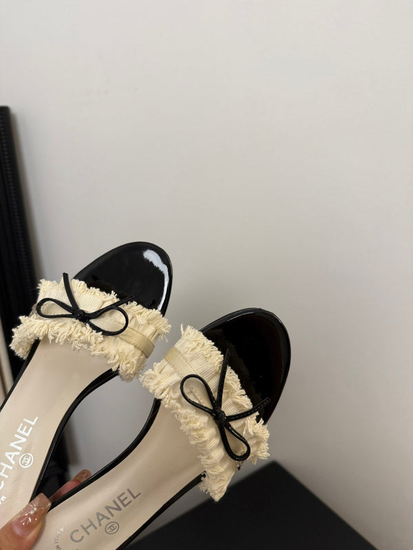 cc25 slide sandal 65mm ruffle bow heels black grosgrain white canvas 233582