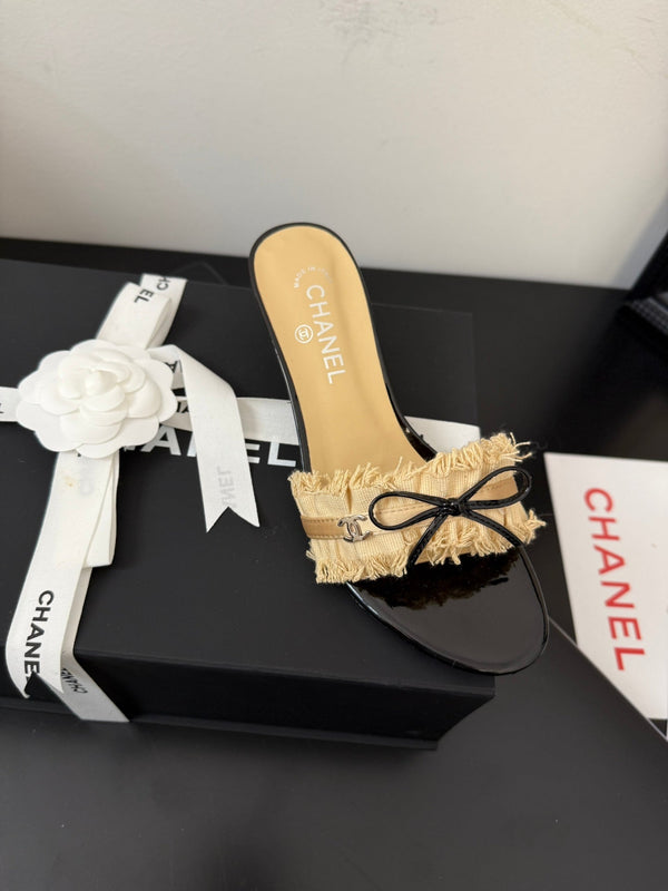 cc25 slide sandal 65mm ruffle bow heels black grosgrain gold canvas 233583