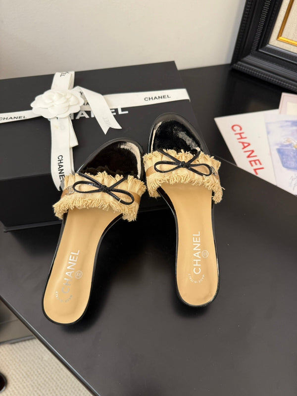 cc25 slide sandal 65mm ruffle bow heels black grosgrain gold canvas 233583