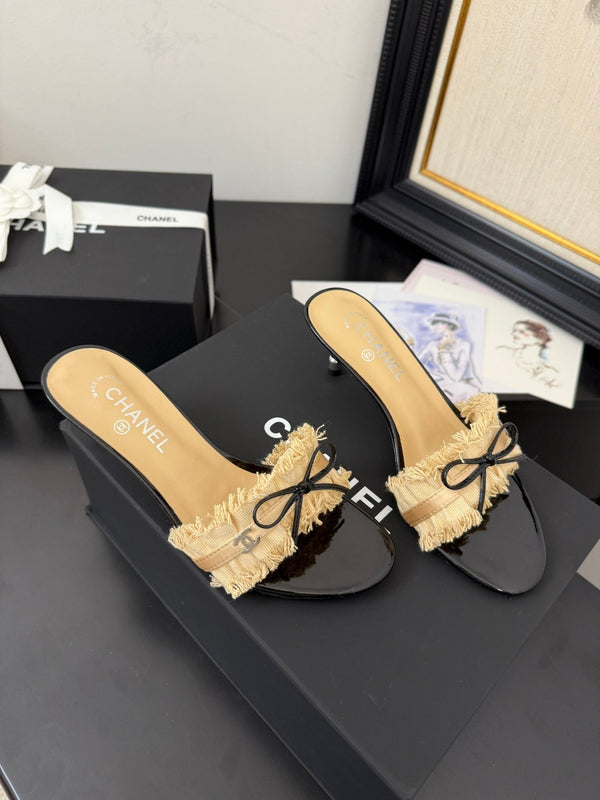 cc25 slide sandal 65mm ruffle bow heels black grosgrain gold canvas 233583