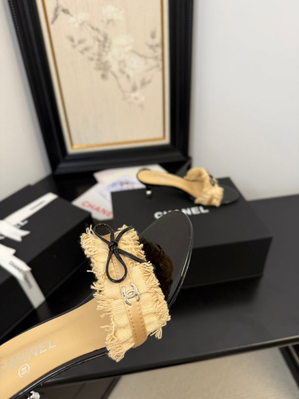 cc25 slide sandal 65mm ruffle bow heels black grosgrain gold canvas 233583