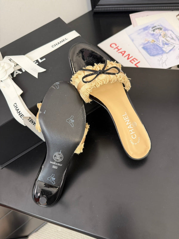 cc25 slide sandal 65mm ruffle bow heels black grosgrain gold canvas 233583