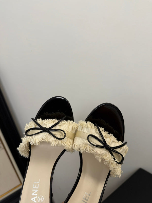 cc25 slide sandal 90mm ruffle bow heels black grosgrain white canvas 233585