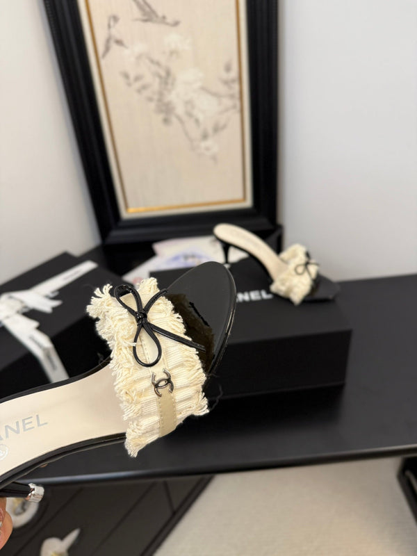 cc25 slide sandal 90mm ruffle bow heels black grosgrain white canvas 233585