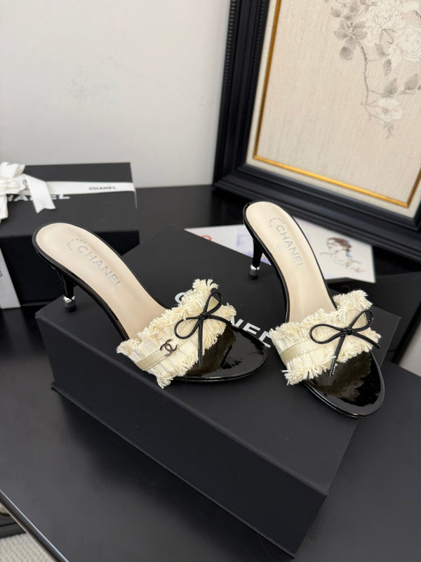 cc25 slide sandal 90mm ruffle bow heels black grosgrain white canvas 233585