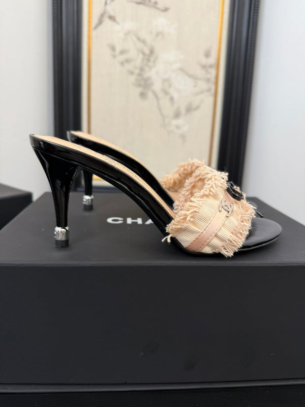 cc25 slide sandal 90mm ruffle bow heels black grosgrain beige canvas 233587