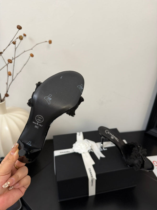 cc25 slide sandal 90mm ruffle bow heels black grosgrain canvas 233588