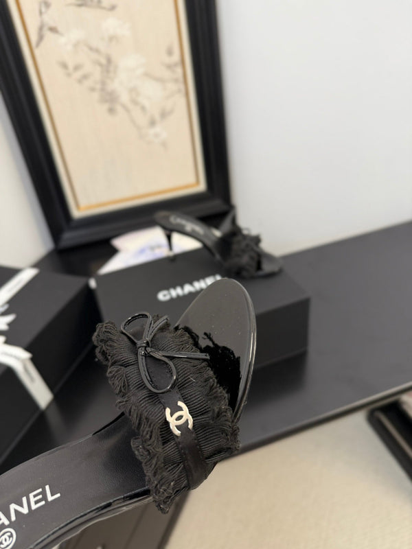 cc25 slide sandal 90mm ruffle bow heels black grosgrain canvas 233588