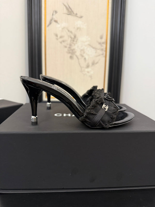 cc25 slide sandal 90mm ruffle bow heels black grosgrain canvas 233588