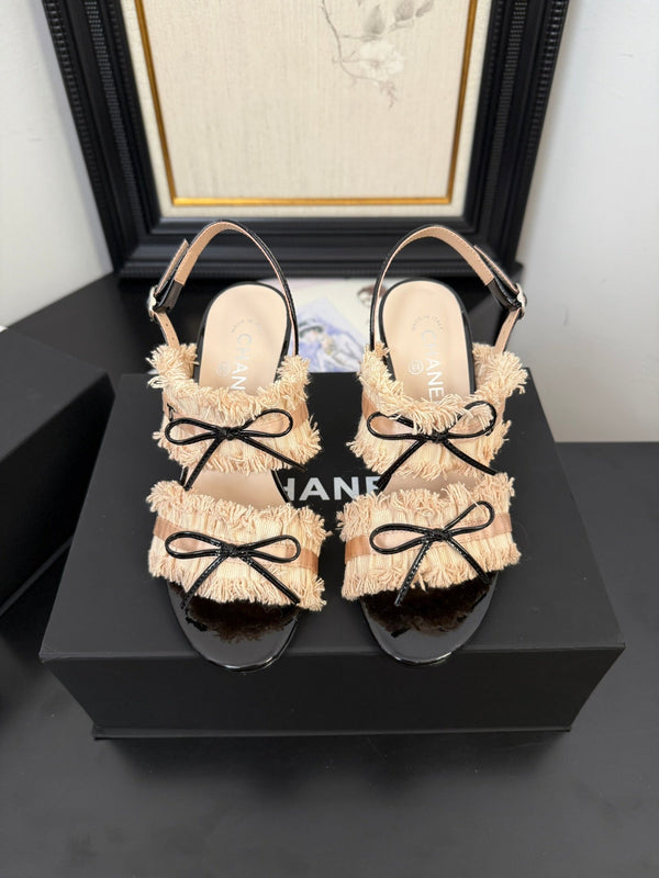 cc25 slingback sandal ̣90mm bow black grosgrain beige canvas 233595