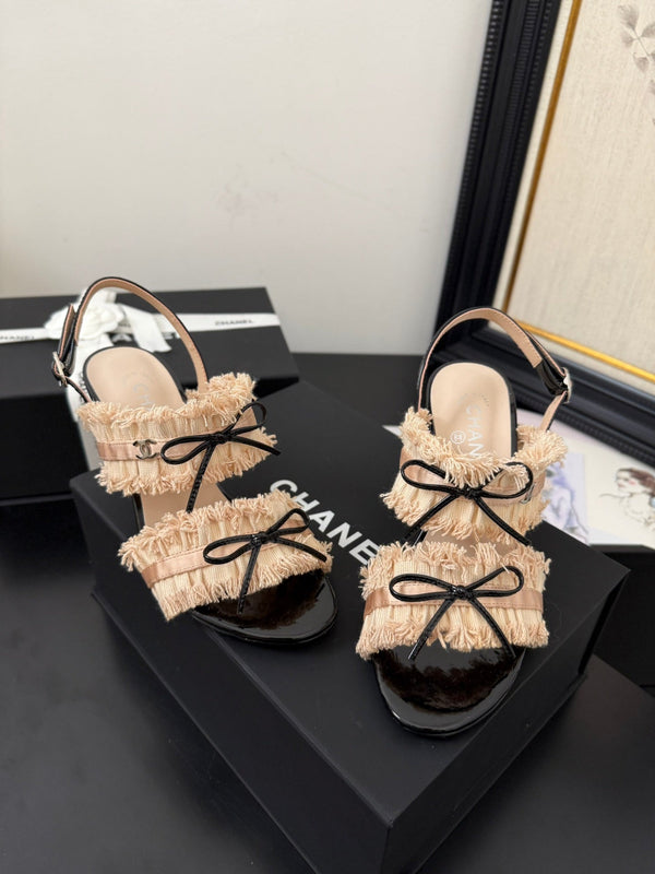 cc25 slingback sandal ̣90mm bow black grosgrain beige canvas 233595