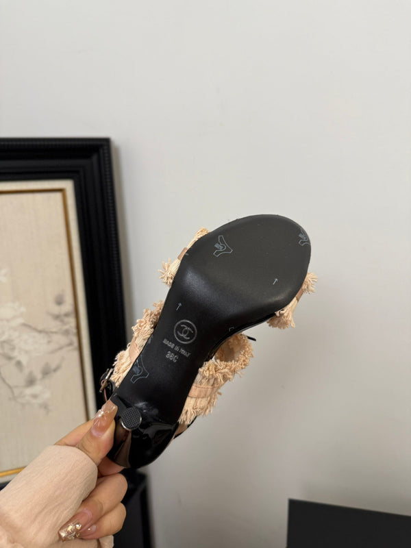 cc25 slingback sandal ̣90mm bow black grosgrain beige canvas 233595