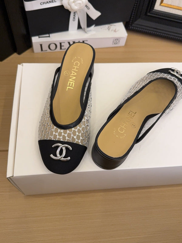 CC 25 Mule 40mm White Mesh Beige Sheepskin Black Grosgrain 277725